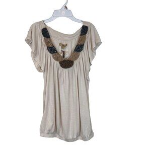Jaloux NWT Womens‎ Top XS Tan Beaded V Neck Short Sleeve Shirt Size Extra Small